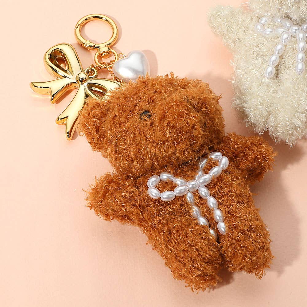 PLUSHIE Teddy Bear Pearl Heart Bow Purse Charm Key Chain