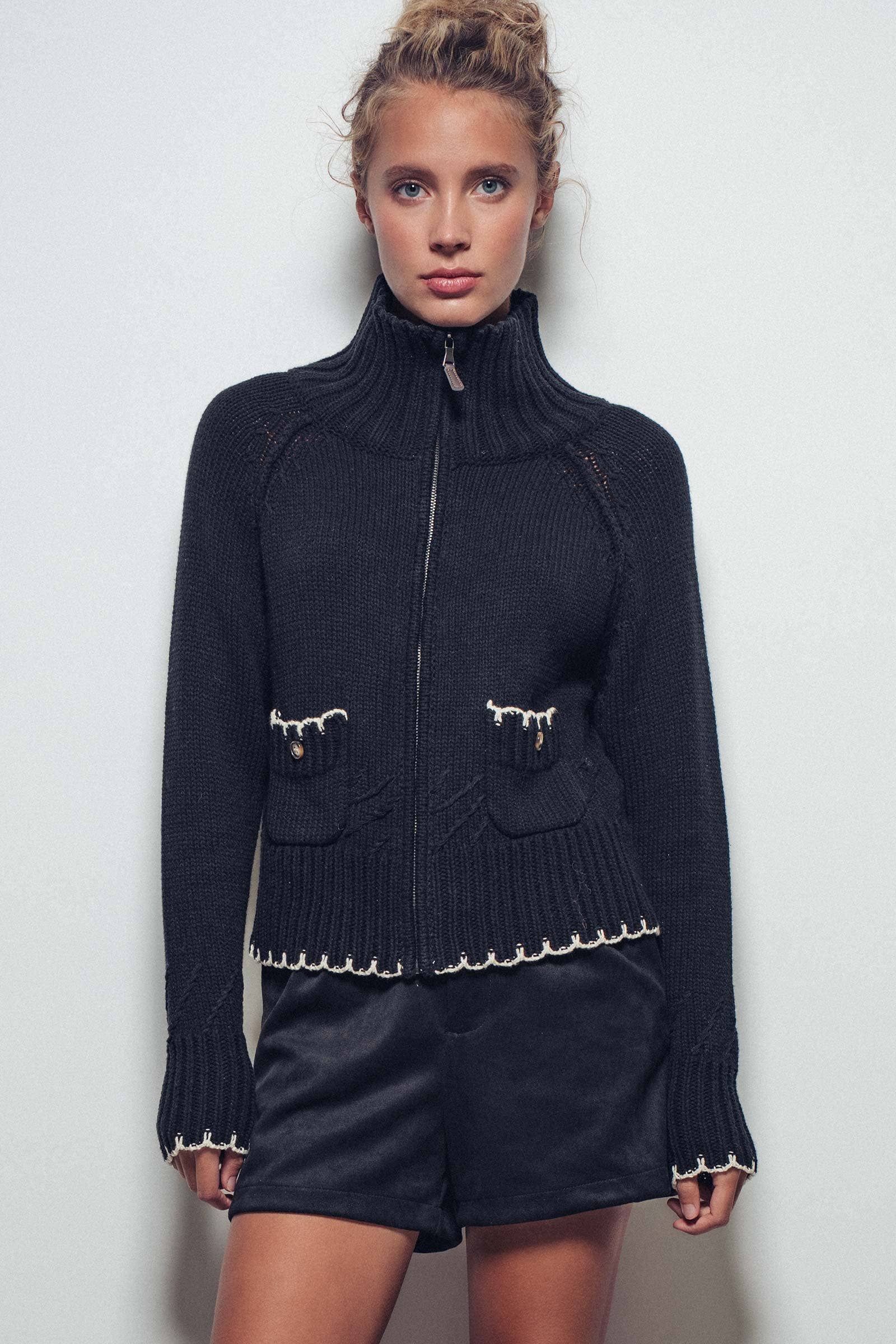 Modern Contrast-Trim Zip-Up Knit Sweater