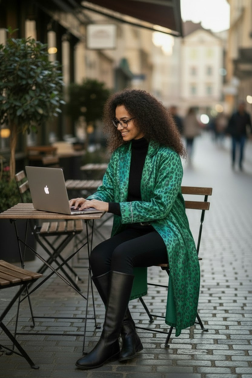 RETRO VINTAGE EMERALD GREEN LEOPARD TRENCH COAT