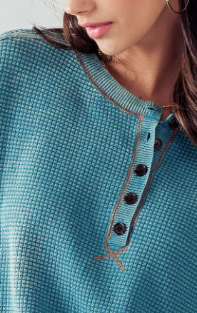 Turquoise Waffle Thermal Drop Shoulder Long Sleeve