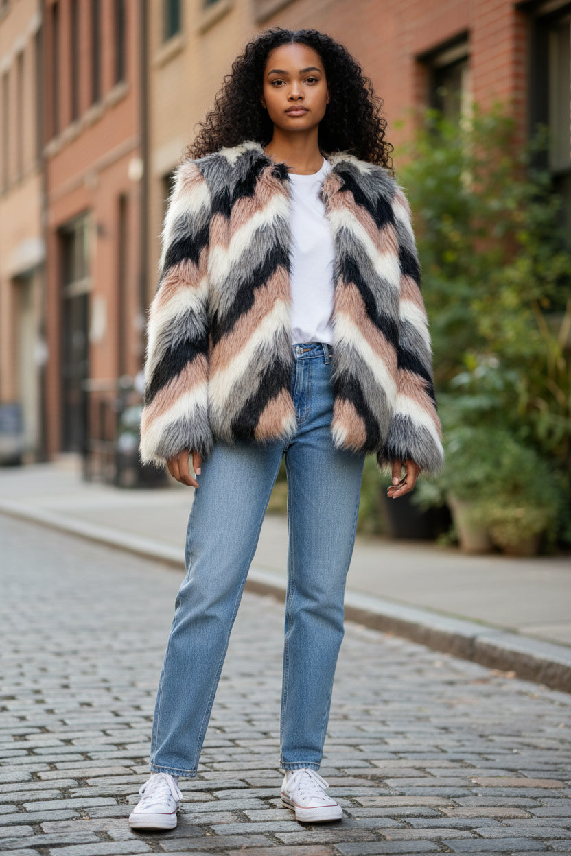Forever 21 FAUX STRIPE FUR JACKET Deadstock