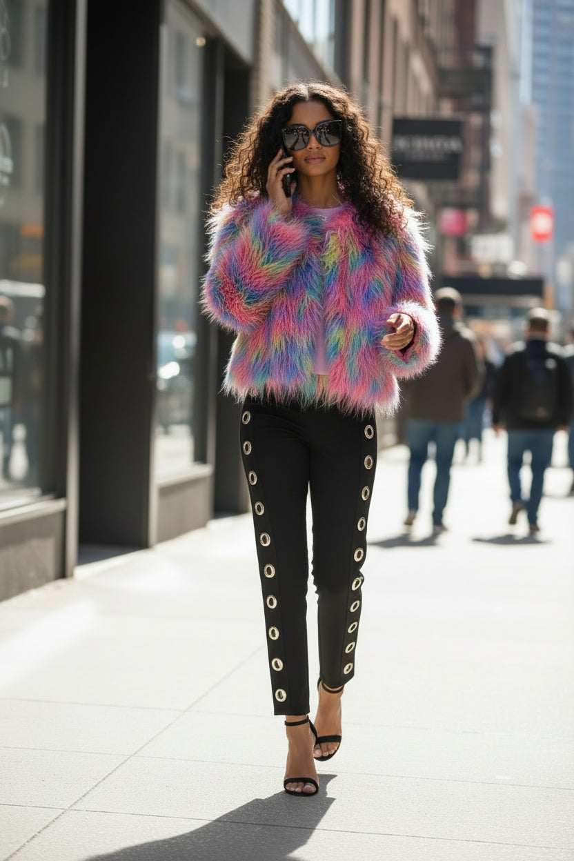 STUNNING RAINBOW LONG FAUX FUR SHAGGY COAT