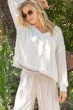 Long Sleeve Comfy Contrasting Fabric  V-Neck WHITE