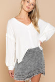 Long Sleeve Comfy Contrasting Fabric  V-Neck WHITE