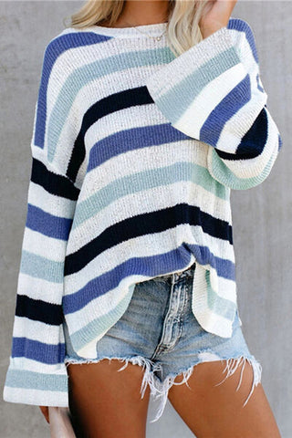 Striped Slit Round Neck Dropped Shoulder Sweater (Color Options)