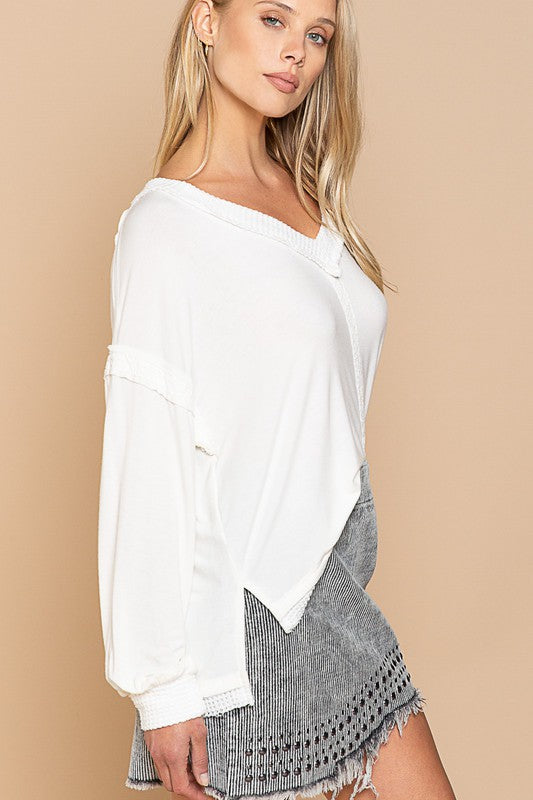 Long Sleeve Comfy Contrasting Fabric  V-Neck WHITE
