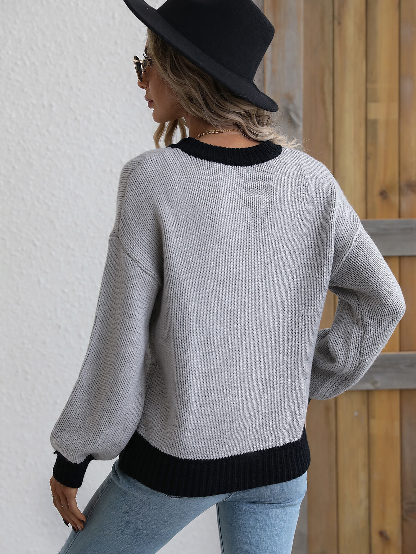 Contrast Trim Drop Shoulder Pullover Sweater (Color Options)