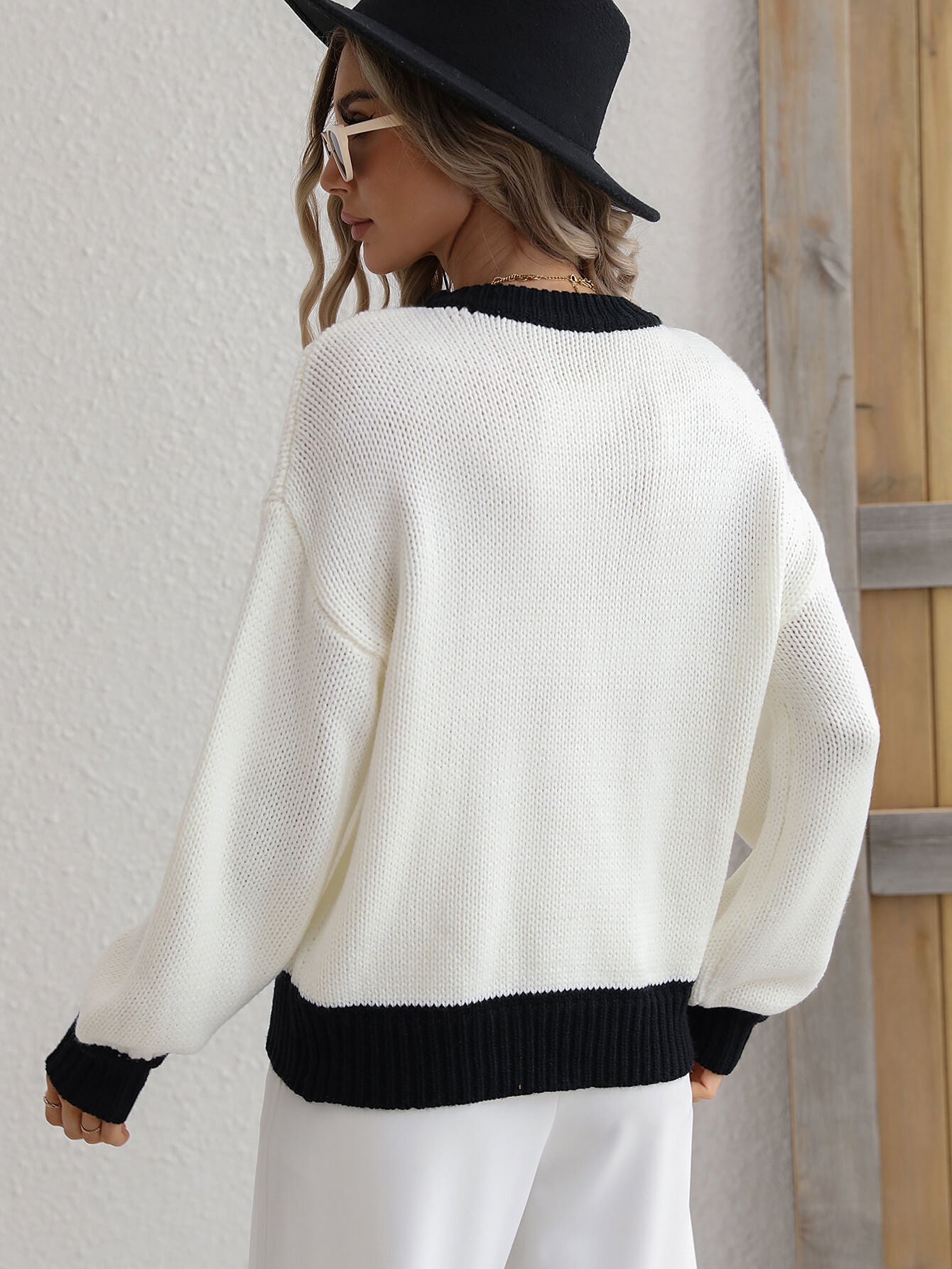 Contrast Trim Drop Shoulder Pullover Sweater (Color Options)