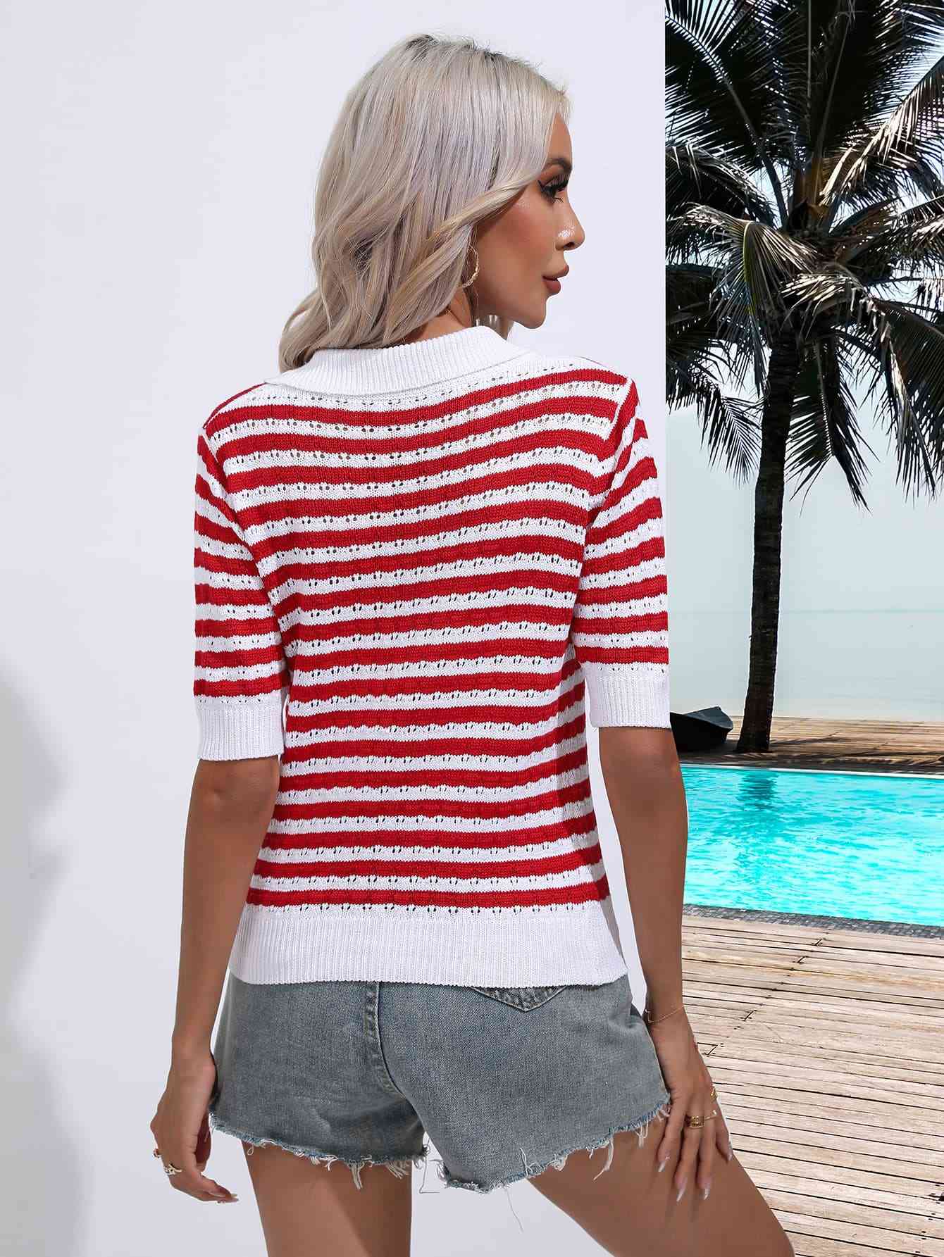 Striped Johnny Collar Half Sleeve Knit Top (Color Options)