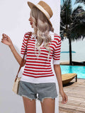 Striped Johnny Collar Half Sleeve Knit Top (Color Options)