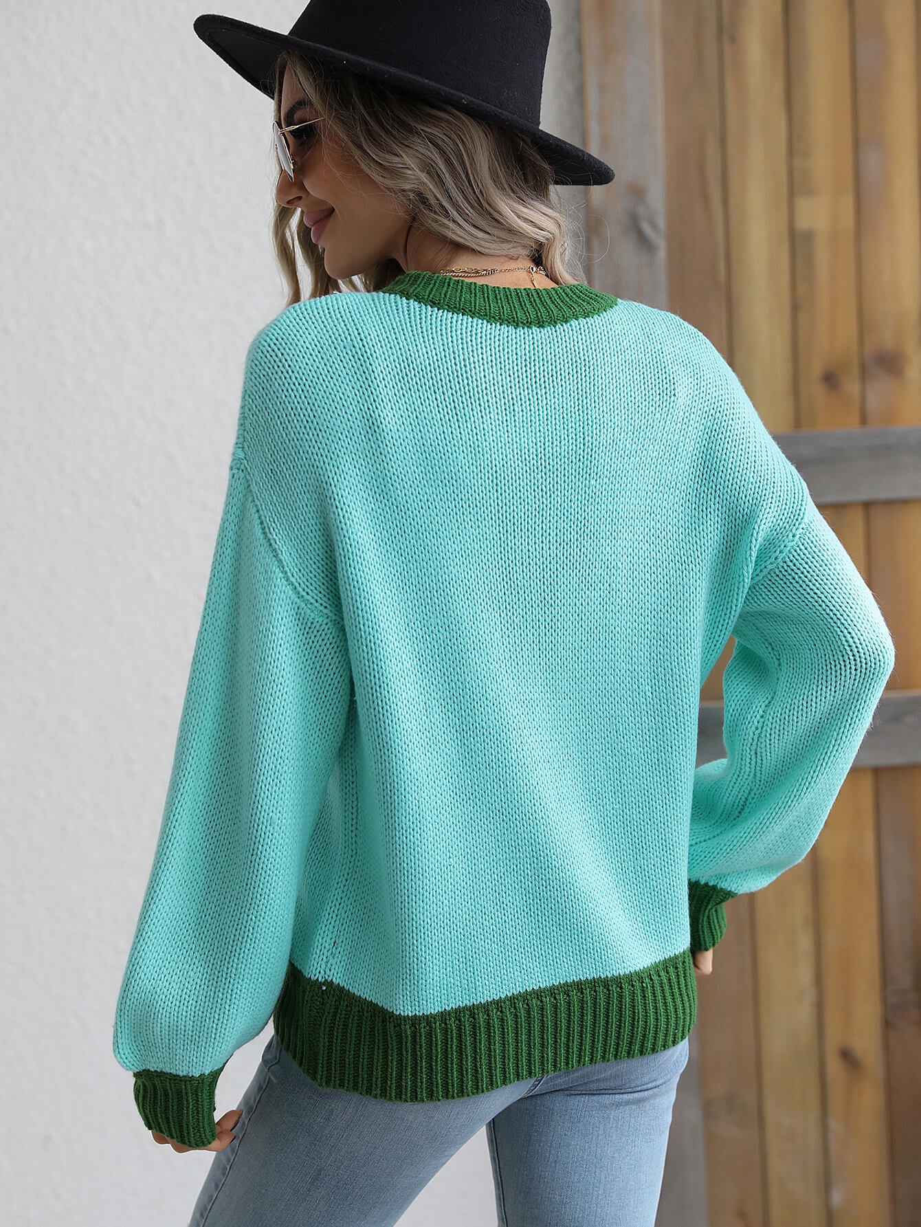 Contrast Trim Drop Shoulder Pullover Sweater (Color Options)