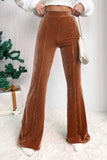LiveFashionWay - Solid Color High Waist Flare Corduroy Pants: L / Chestnut / 90%Polyester+10%Elastane