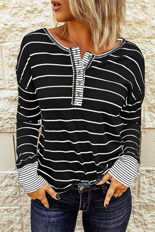 Striped Waffle Knit Henley Long Sleeve Top (Color Options)