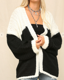 BLACK WHITE COLOR BLOCK  CABLE KNIT CARDIGAN SWEATER