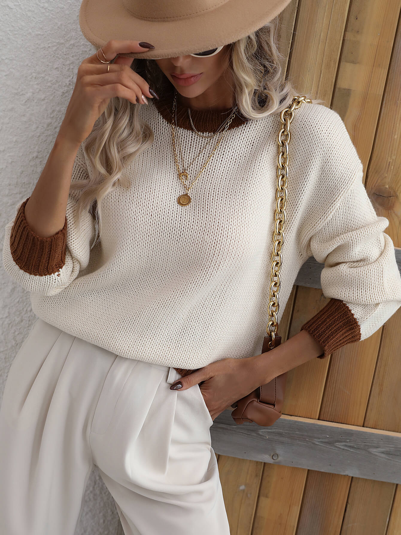 Contrast Trim Drop Shoulder Pullover Sweater (Color Options)