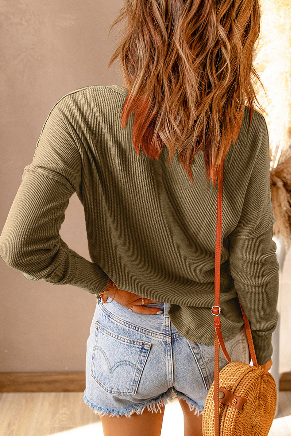 Waffle Knit Henley Long Sleeve Top (Color Options)