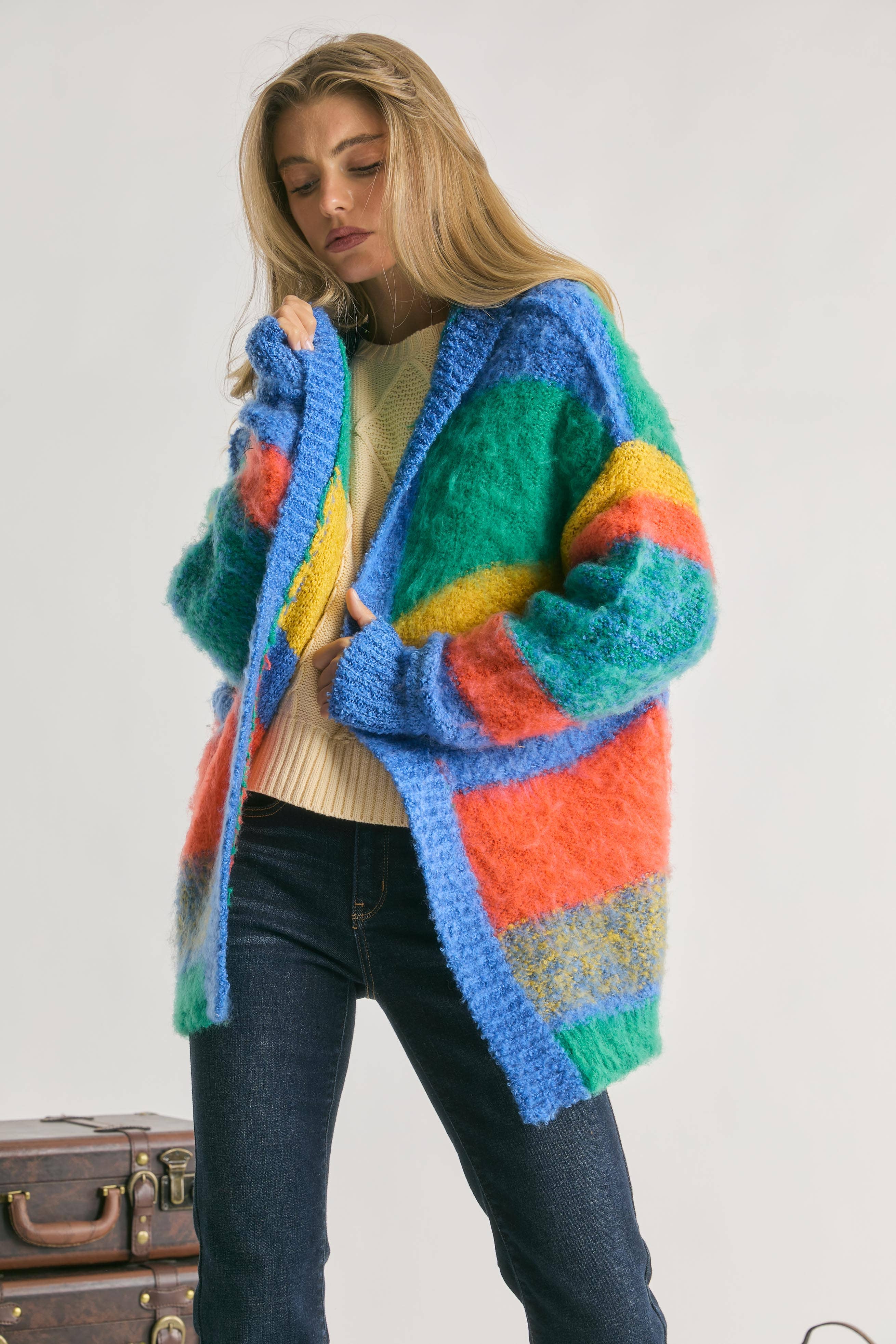 STRIPED TEXTURE HOODED BELL SLEEVE OPEN CARDIGAN