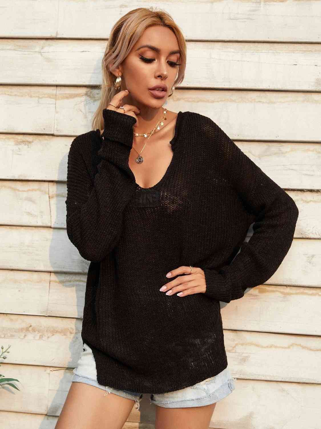 Notched Vneck Open  Knit Sweater (Color Options)