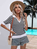 Striped Johnny Collar Half Sleeve Knit Top (Color Options)