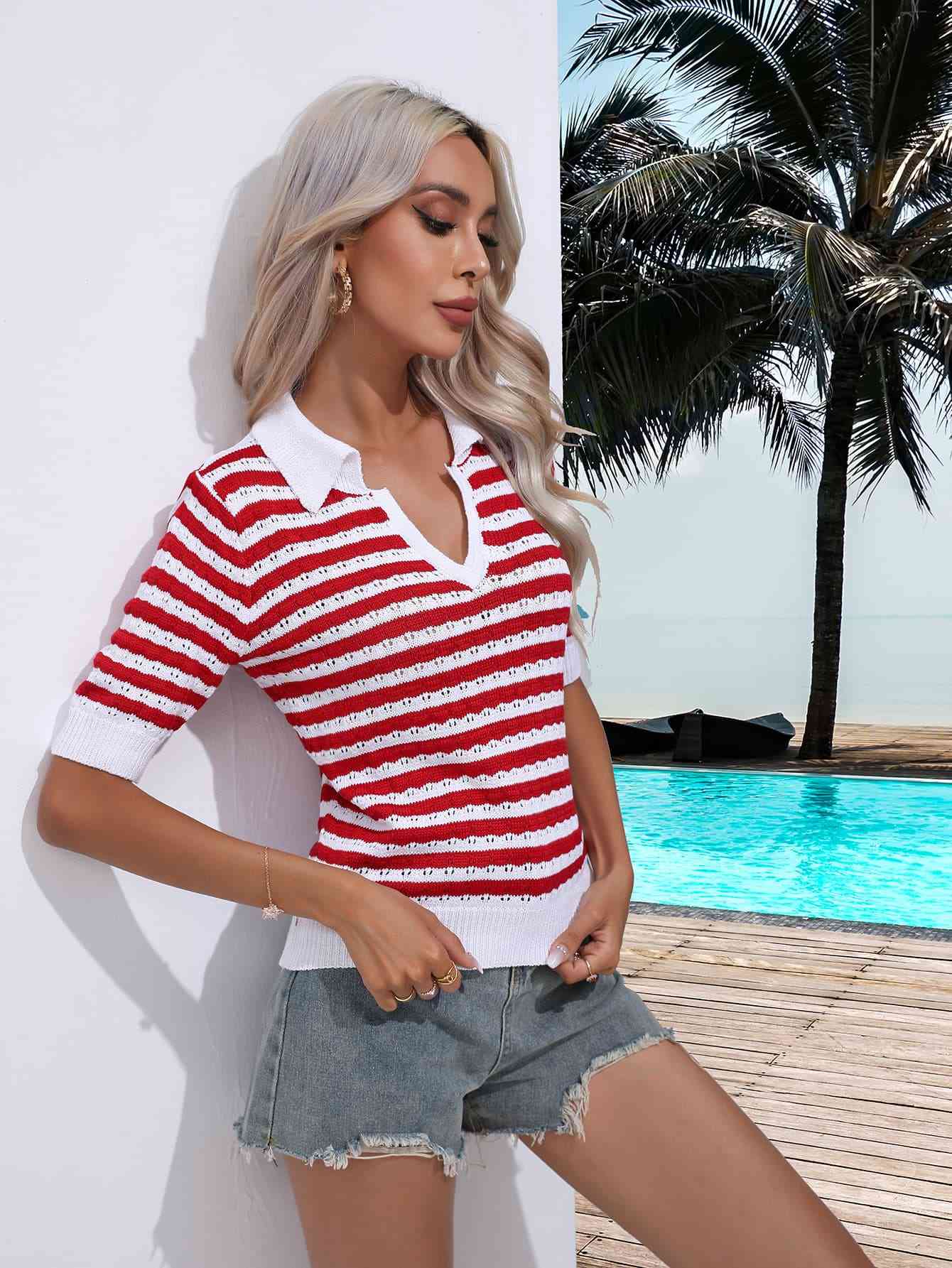 Striped Johnny Collar Half Sleeve Knit Top (Color Options)