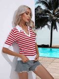 Striped Johnny Collar Half Sleeve Knit Top (Color Options)